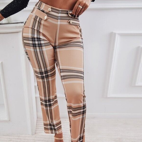 Women Dress Pants Small Brown Striped Print High Waist Leg Straigth Stretch Soft - Picture 5 of 16